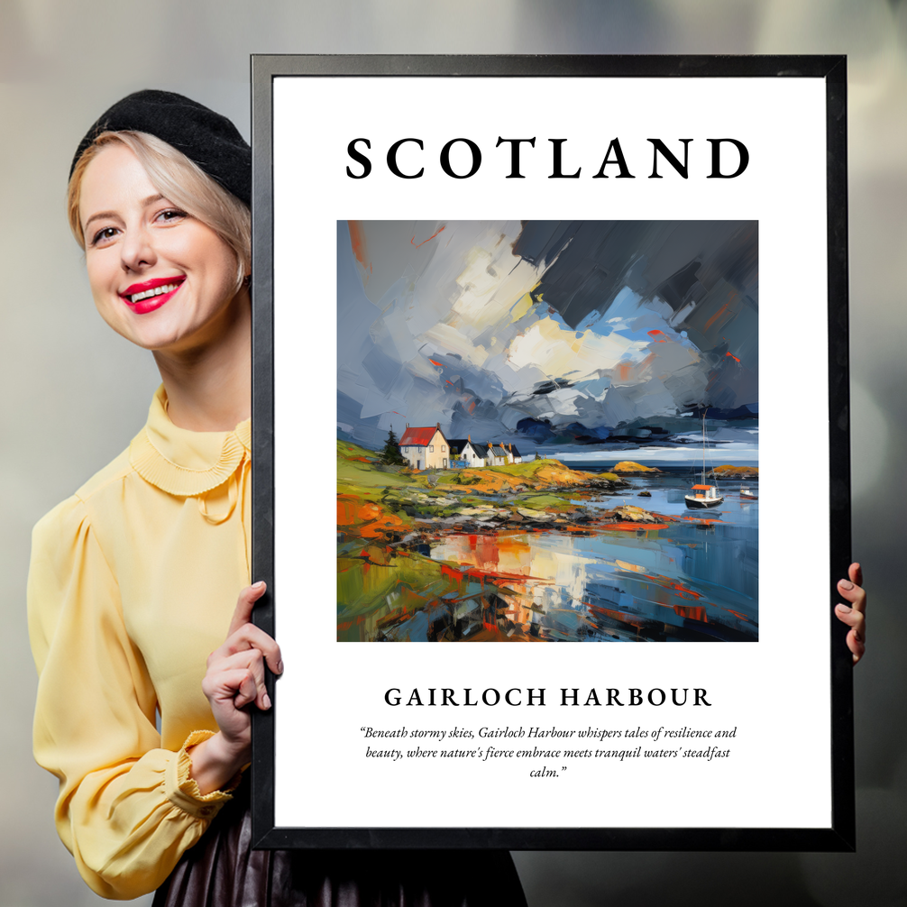 Person holding a poster of Gairloch Harbour