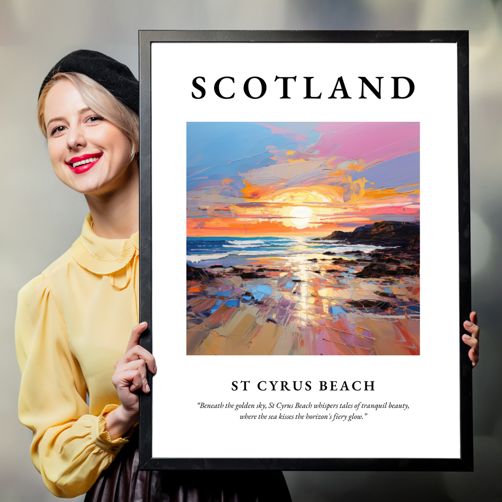 Person holding a poster of St Cyrus Beach