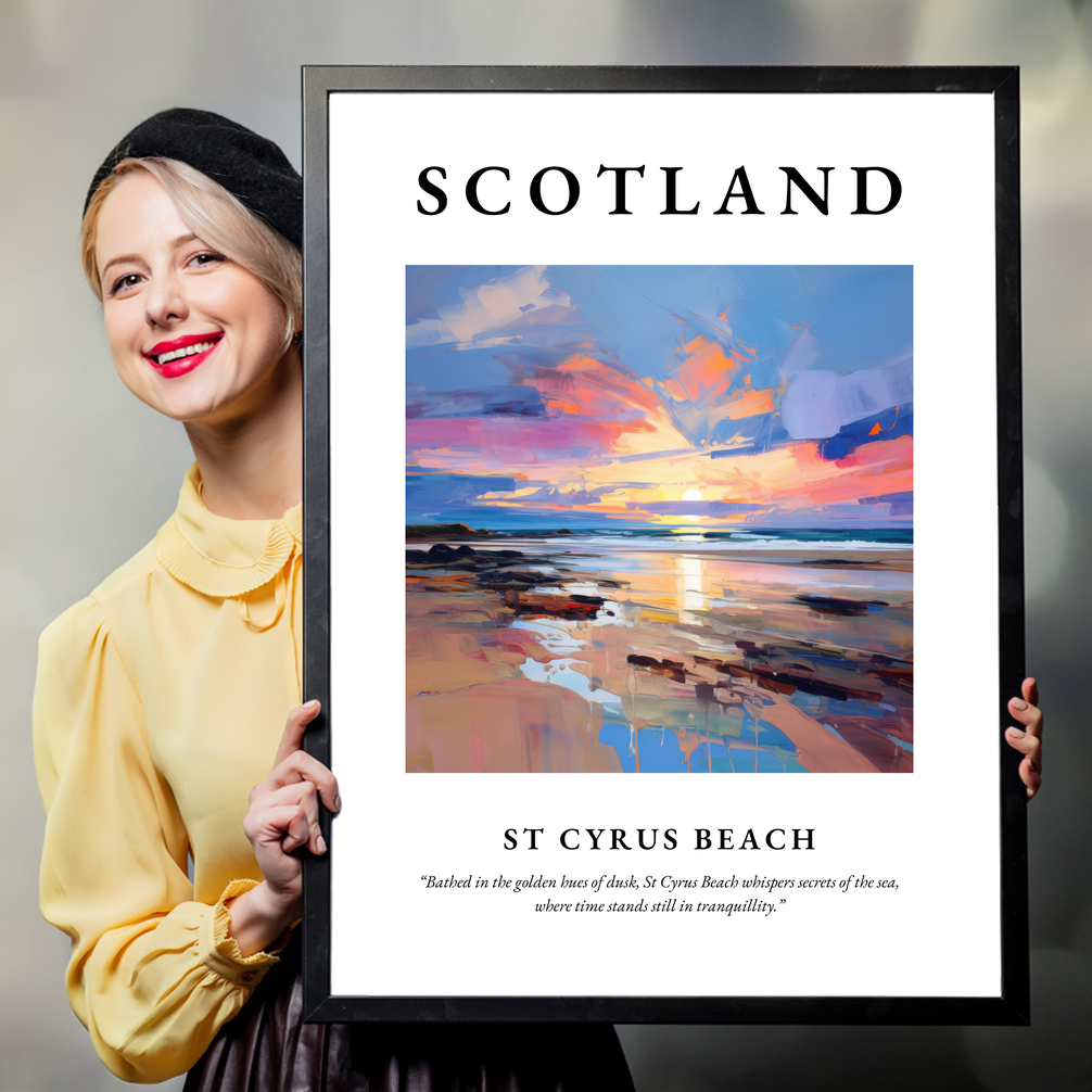 Person holding a poster of St Cyrus Beach