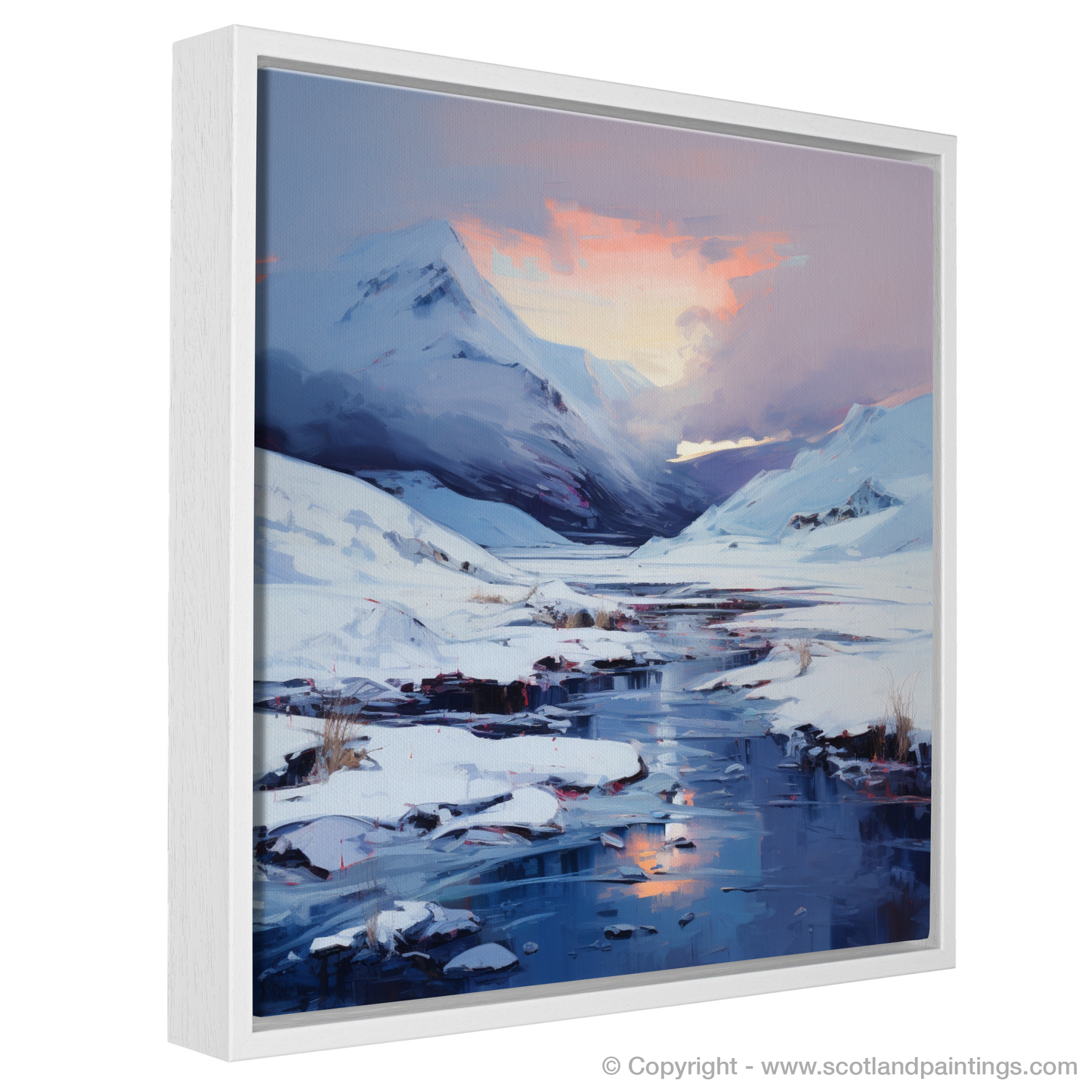 Painting and Art Print of Pristine snow at dusk in Glencoe entitled "Dusk's Embrace over Snowy Glencoe".