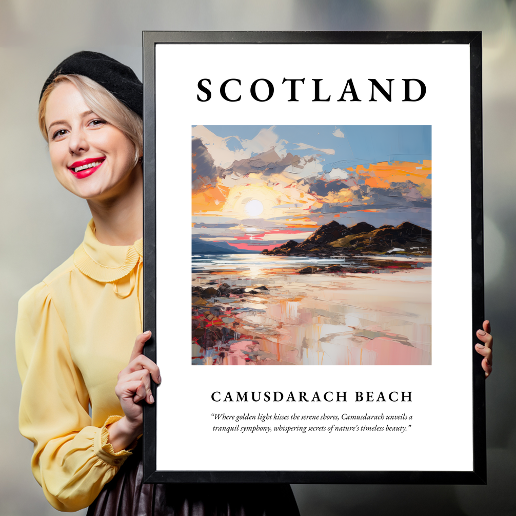 Person holding a poster of Camusdarach Beach