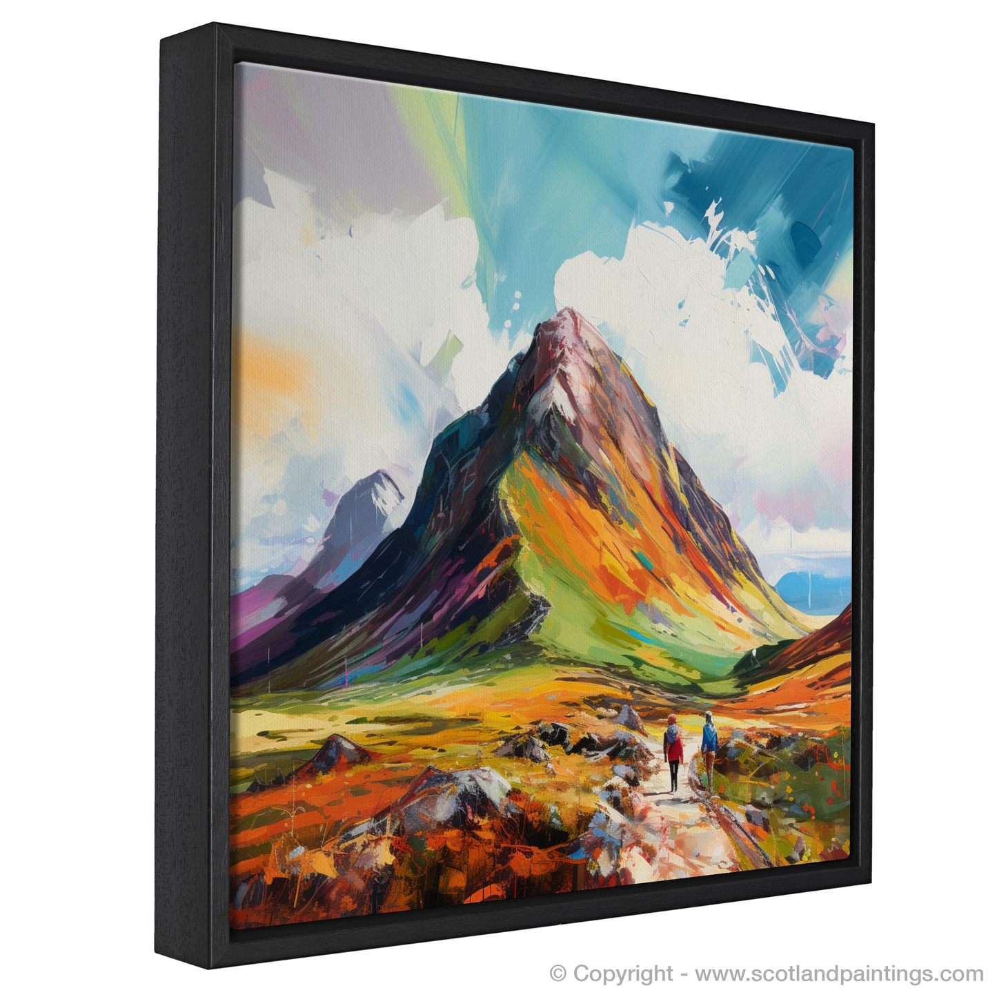 Painting and Art Print of Hikers at Buachaille summit in Glencoe entitled "Buachaille Summit's Rugged Grandeur".