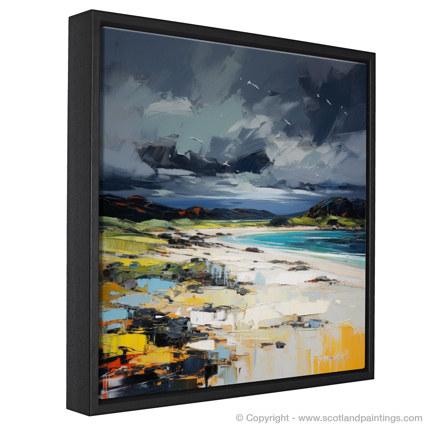 Painting and Art Print of Arisaig Beach with a stormy sky entitled "Storm's Embrace on Arisaig Beach".