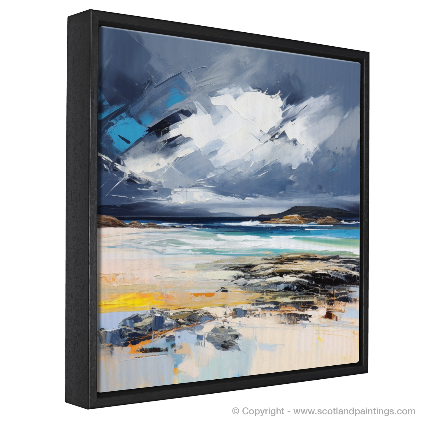 Painting and Art Print of Scarista Beach with a stormy sky entitled "Storm's Embrace at Scarista Beach".