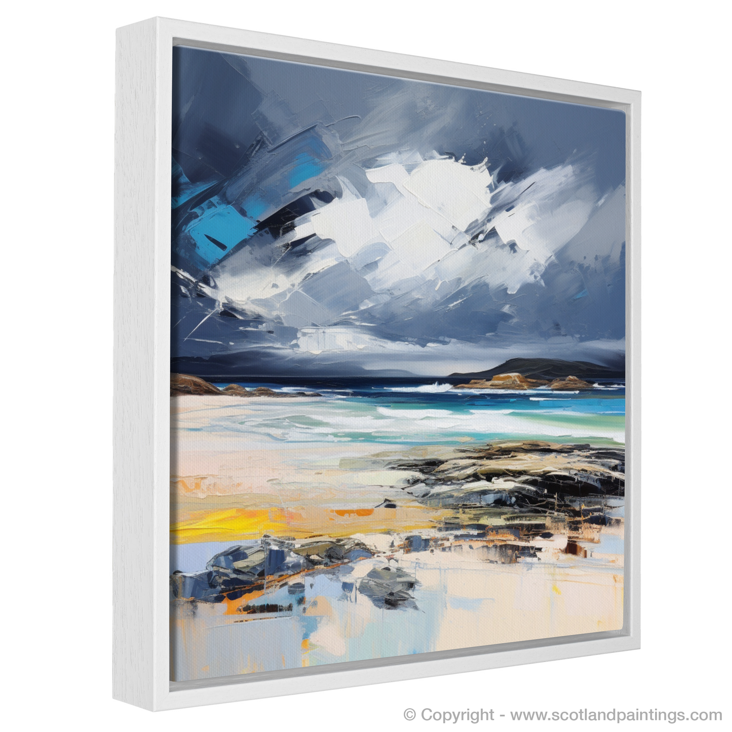 Painting and Art Print of Scarista Beach with a stormy sky entitled "Storm's Embrace at Scarista Beach".