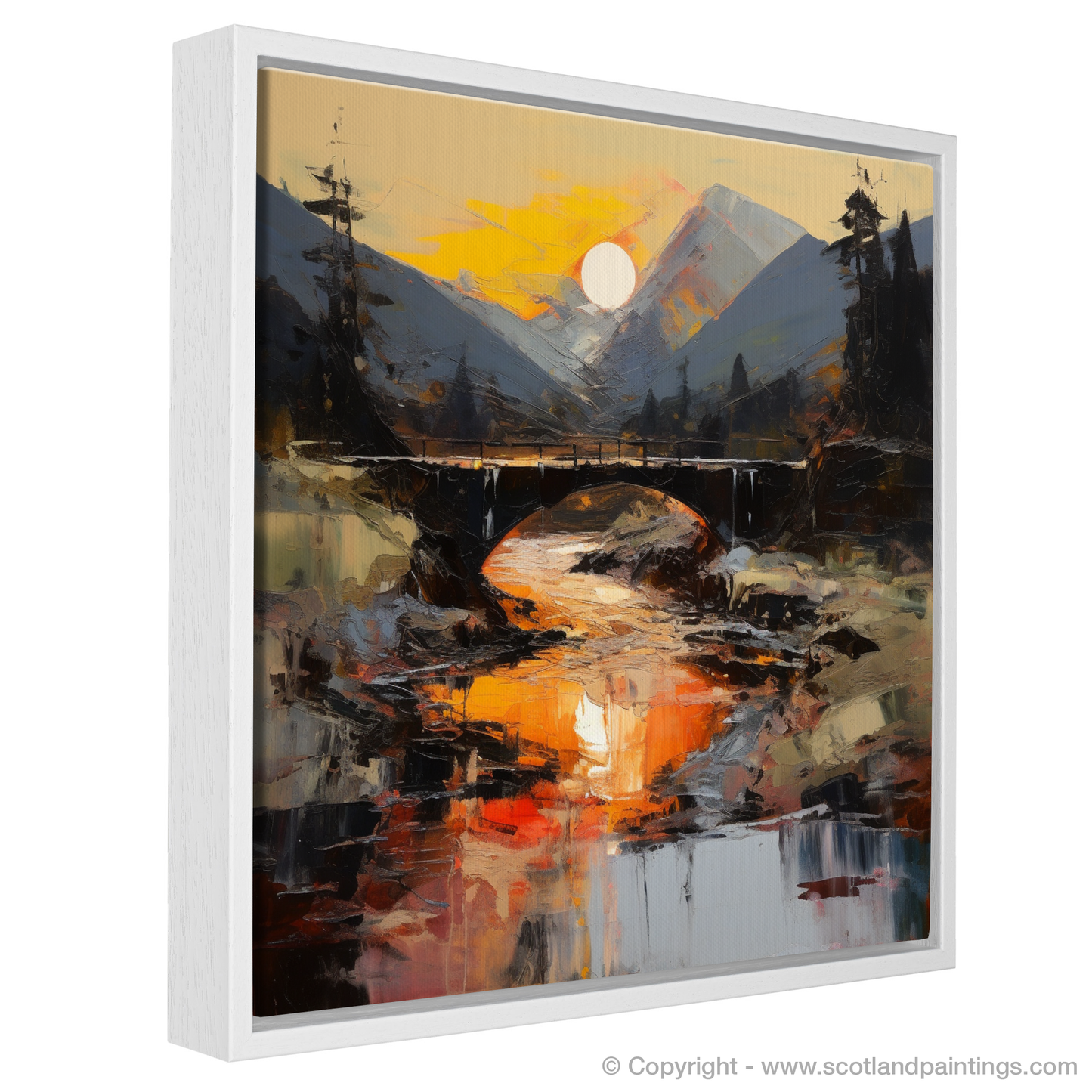 Painting and Art Print of Rustic bridge at twilight in Glencoe entitled "Twilight Serenity: Rustic Bridge in Glencoe".