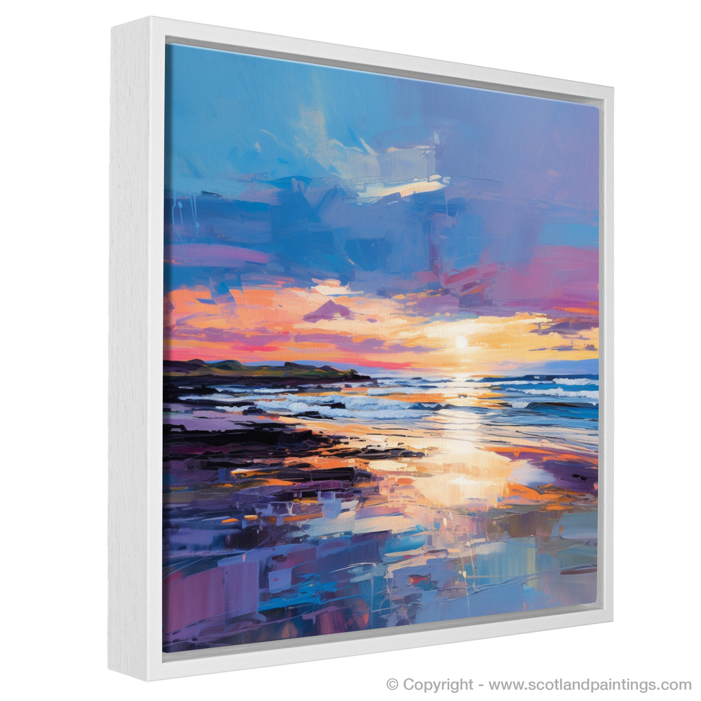 Painting and Art Print of Balmedie Beach at dusk entitled "Dusk's Fiery Embrace at Balmedie Beach".