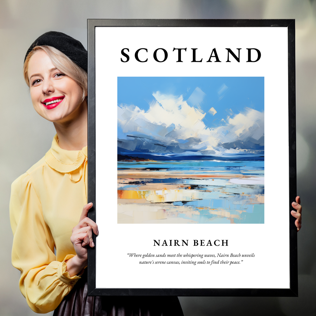 Person holding a poster of Nairn Beach