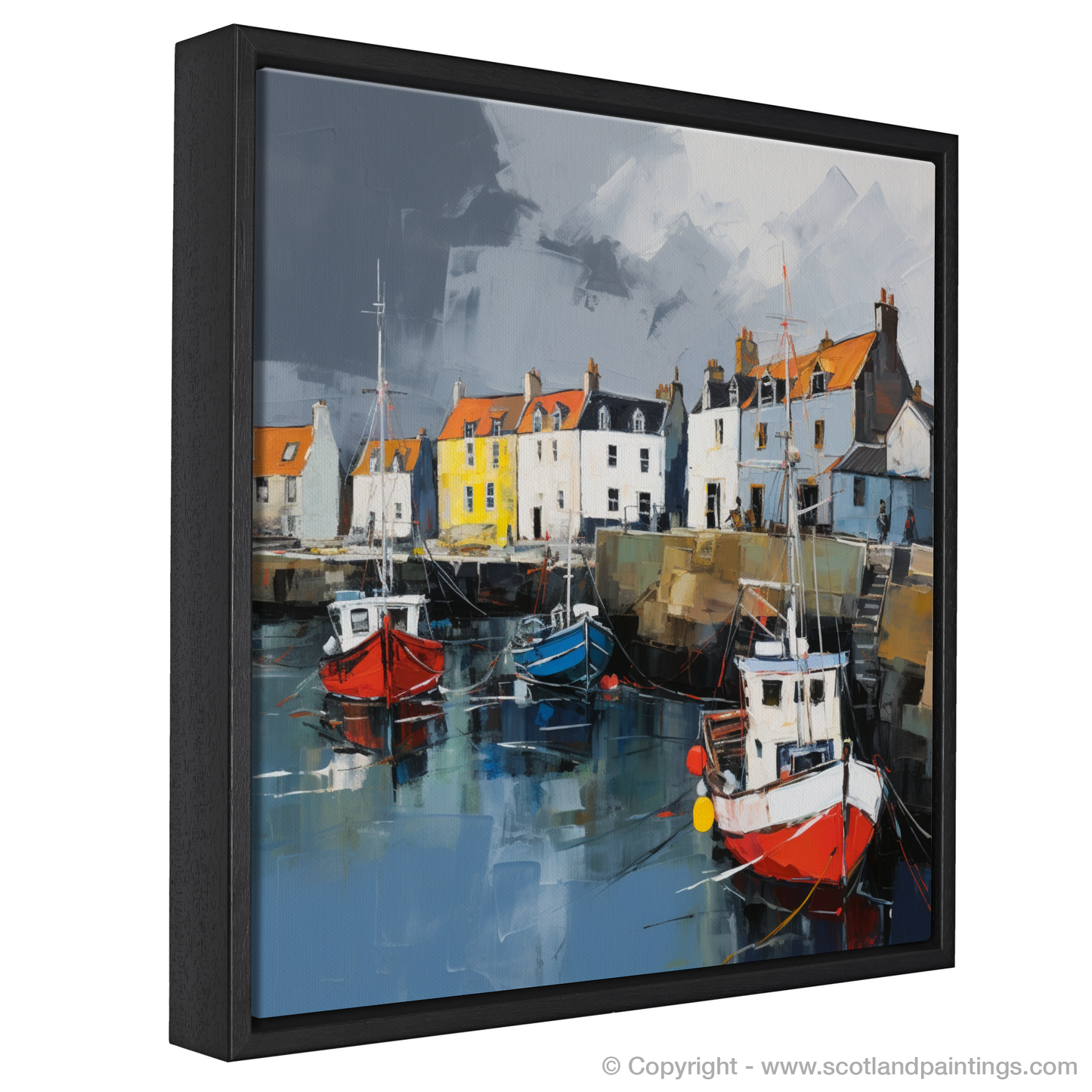 Painting and Art Print of St Monans Harbour with a stormy sky entitled "Storm's Embrace: The Dynamic Essence of St Monans Harbour".