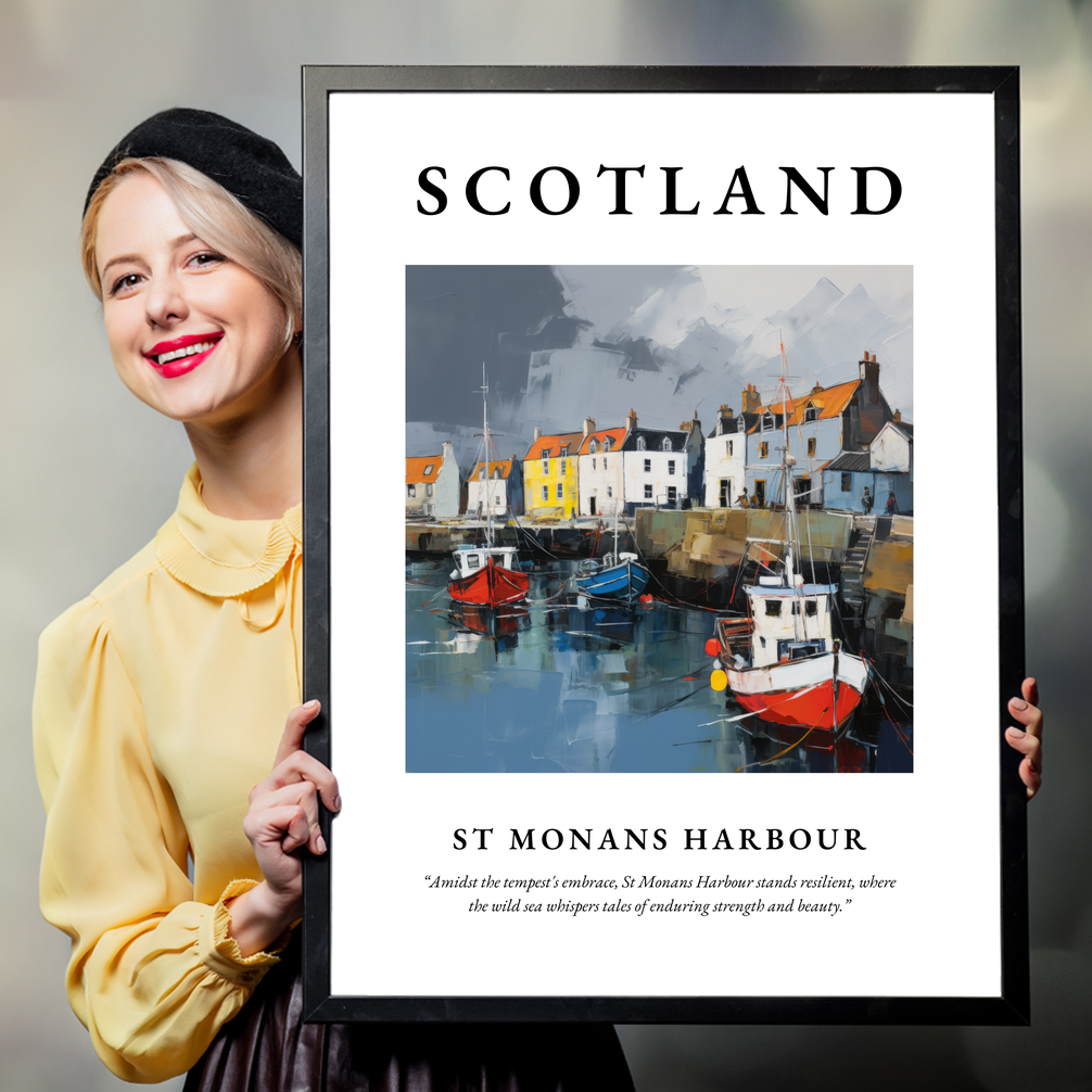 Person holding a poster of St Monans Harbour