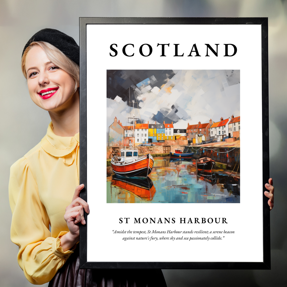 Person holding a poster of St Monans Harbour
