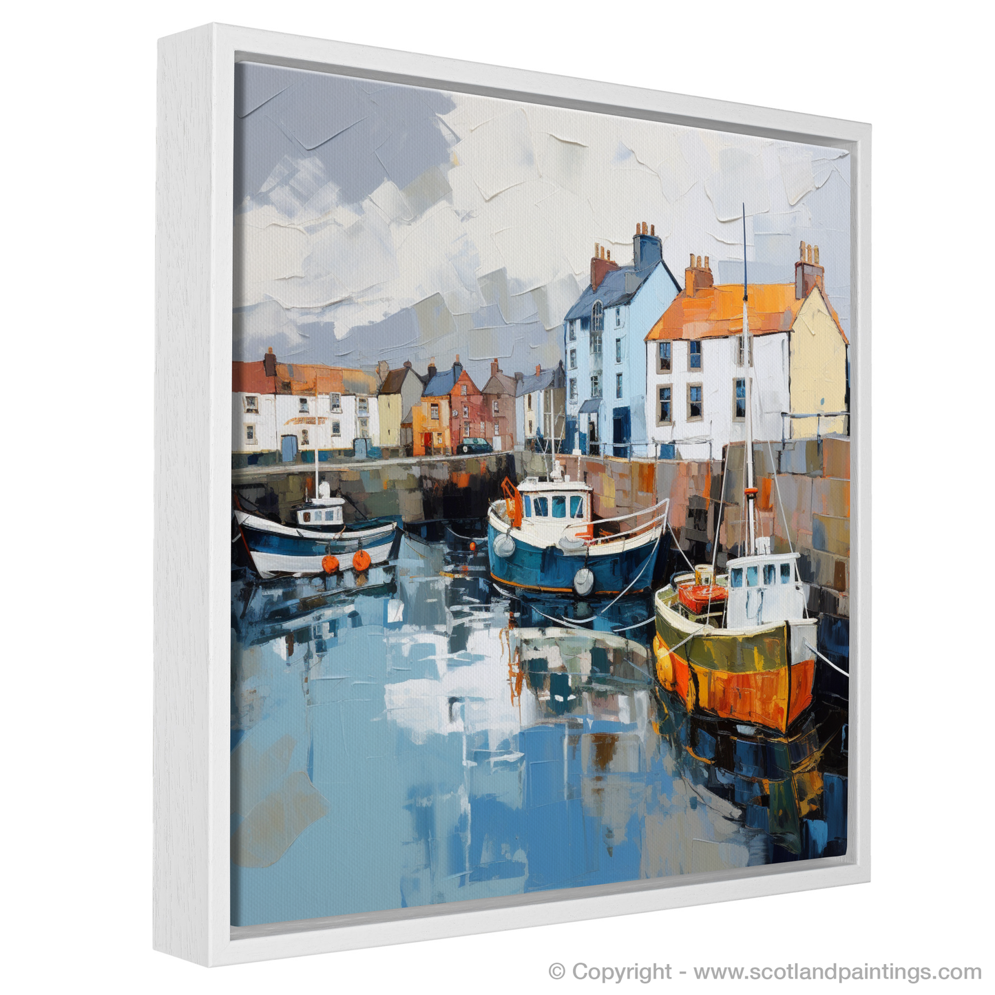 Painting and Art Print of St Monans Harbour with a stormy sky. Storm Over St Monans: An Expressionist Ode to Scottish Harbours.