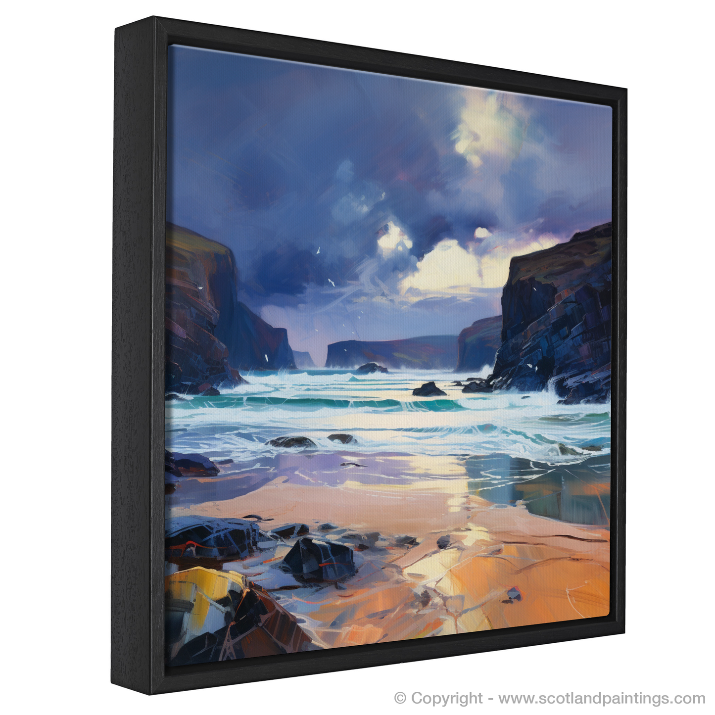 Painting and Art Print of Sandwood Bay with a stormy sky entitled "Storm over Sandwood Bay: An Expressionist Homage to Scotland's Rugged Shores".