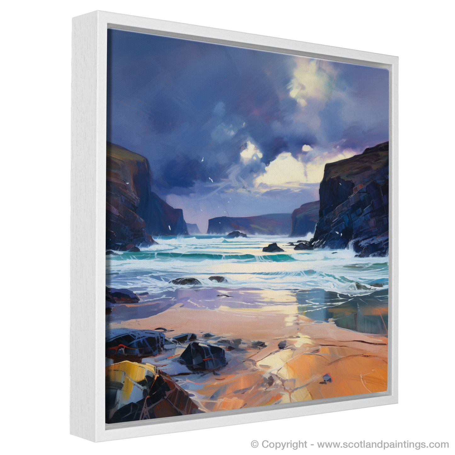Painting and Art Print of Sandwood Bay with a stormy sky entitled "Storm over Sandwood Bay: An Expressionist Homage to Scotland's Rugged Shores".