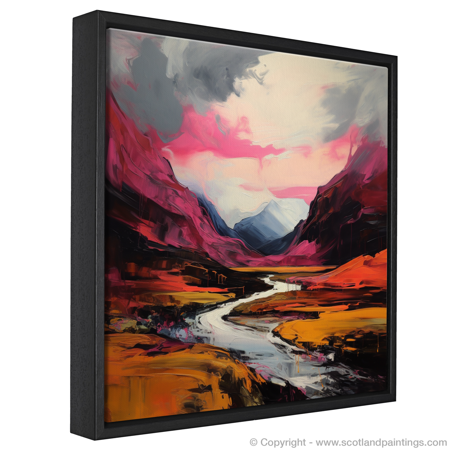 Painting and Art Print of Crimson clouds over valley in Glencoe entitled "Crimson Skies Over Glencoe Valley: An Expressionist Journey".
