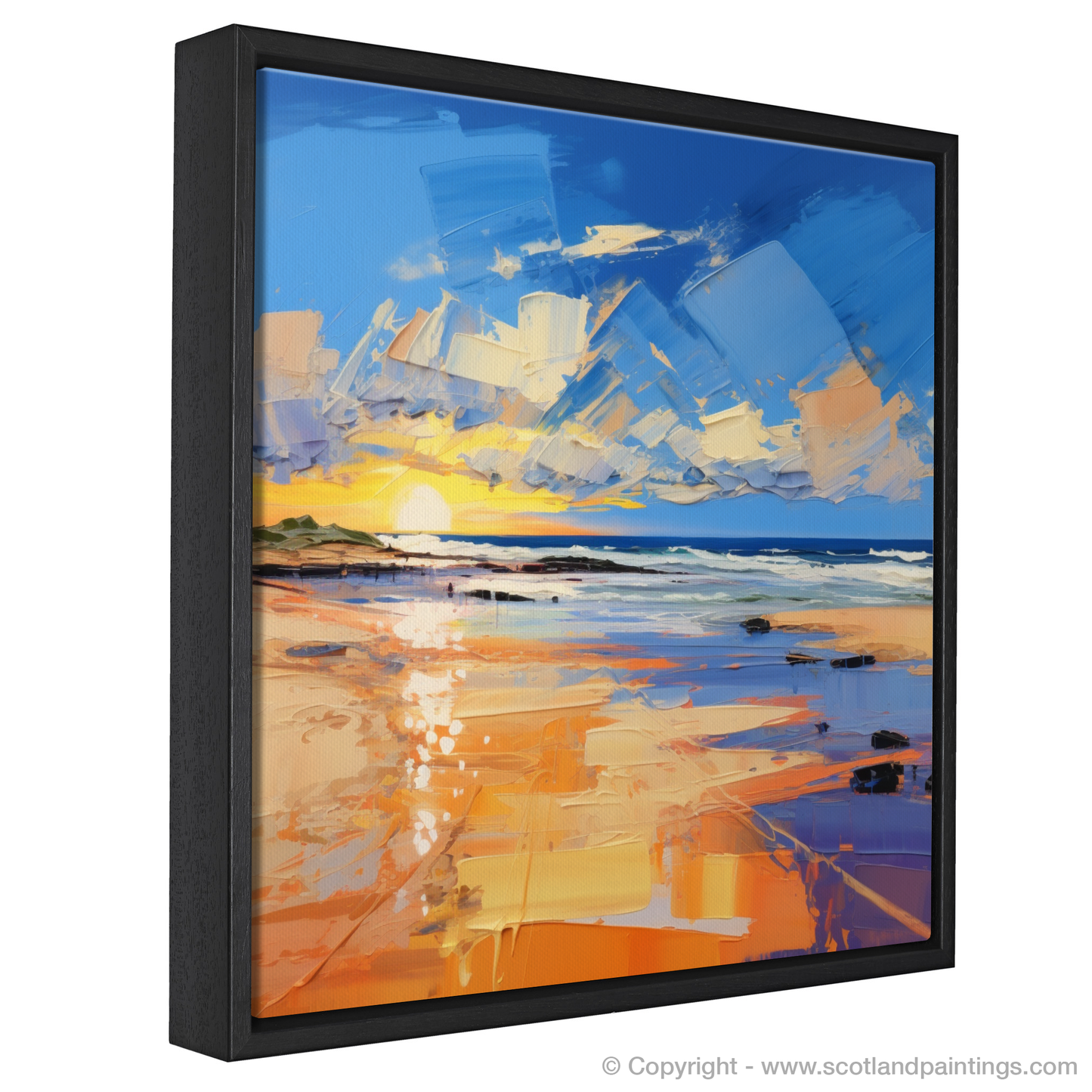 Painting and Art Print of Balmedie Beach at golden hour entitled "Golden Hour Enchantment at Balmedie Beach".