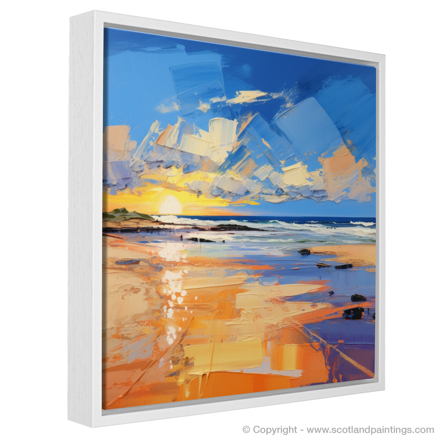 Painting and Art Print of Balmedie Beach at golden hour entitled "Golden Hour Enchantment at Balmedie Beach".