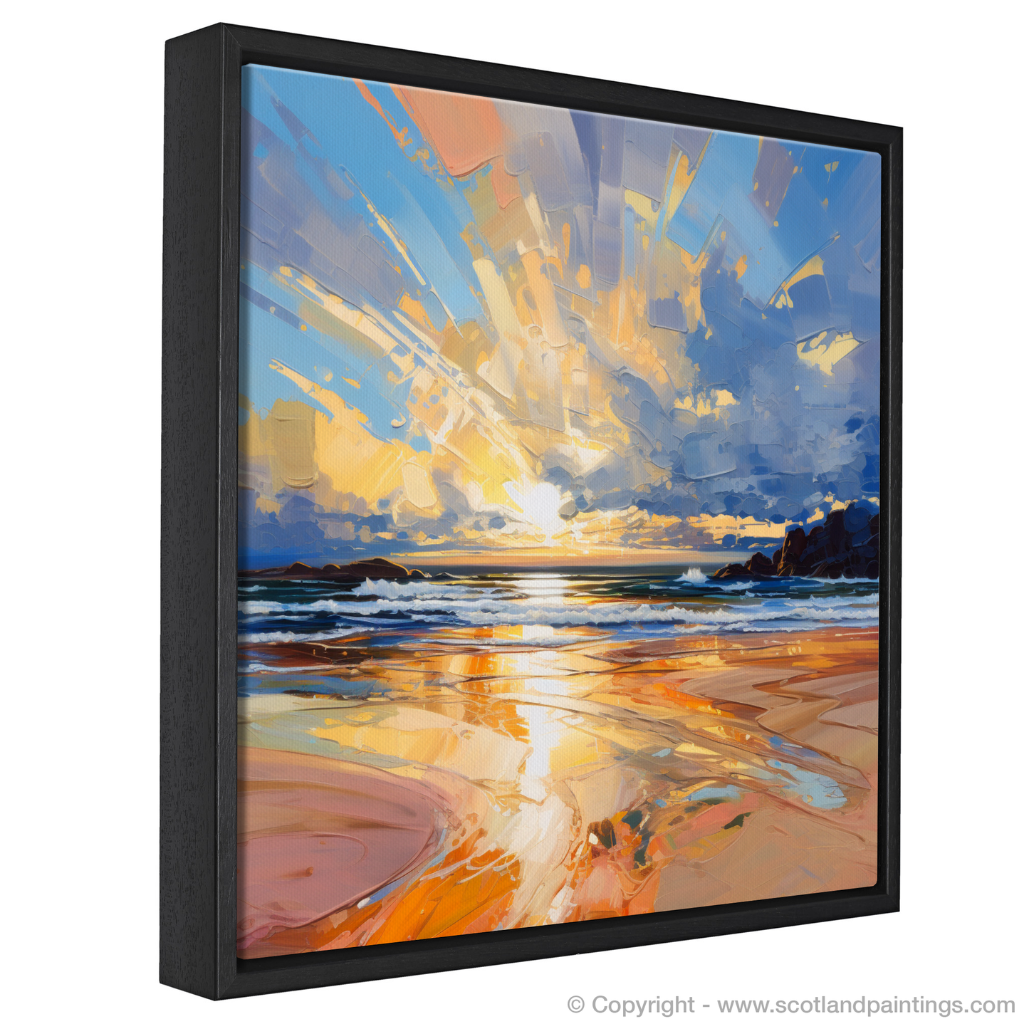 Painting and Art Print of Balmedie Beach at golden hour entitled "Golden Embrace of Balmedie Beach".