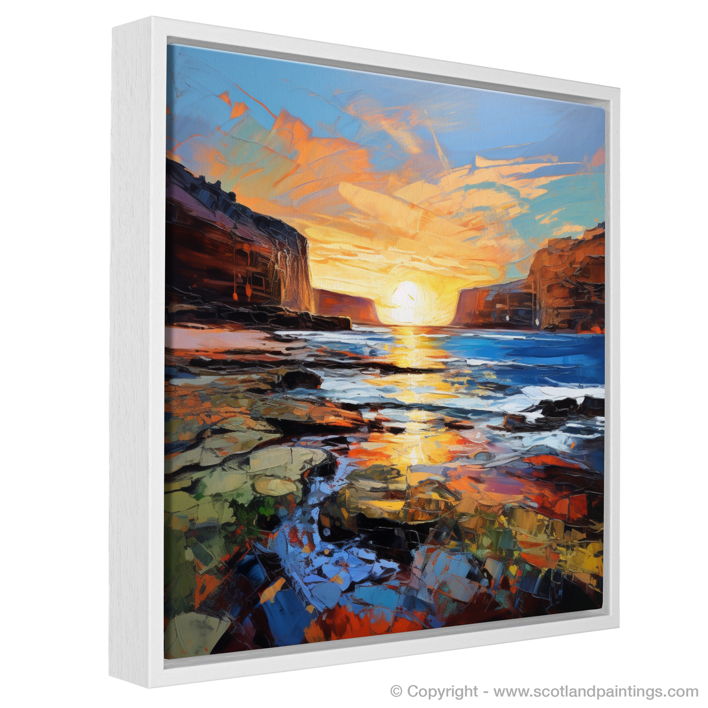 Painting and Art Print of Catterline Bay at golden hour. Golden Hour at Catterline Bay: An Expressionist Ode to Scottish Shores.