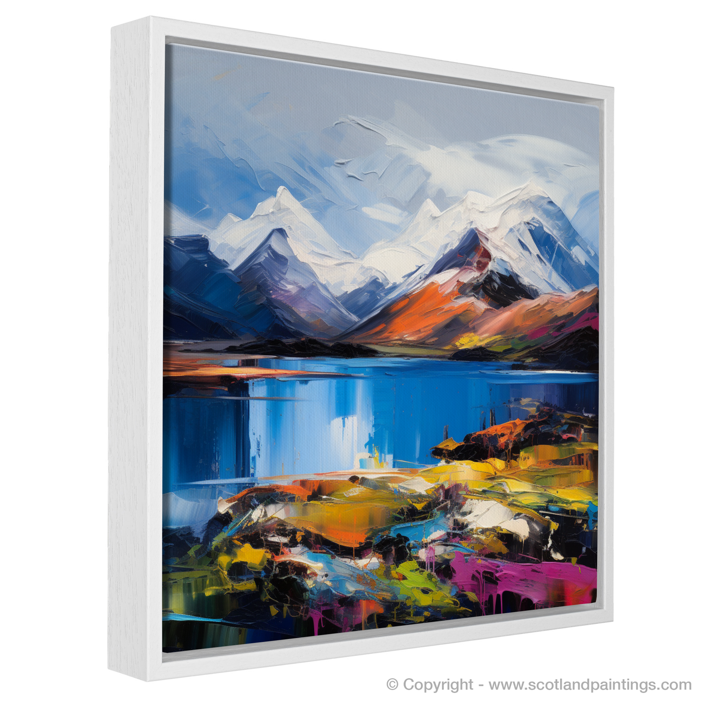 Painting and Art Print of Snow-capped peaks overlooking Loch Lomond entitled "Loch Lomond's Snowy Peaks: An Expressionist Ode to Scotland's Wild Beauty".