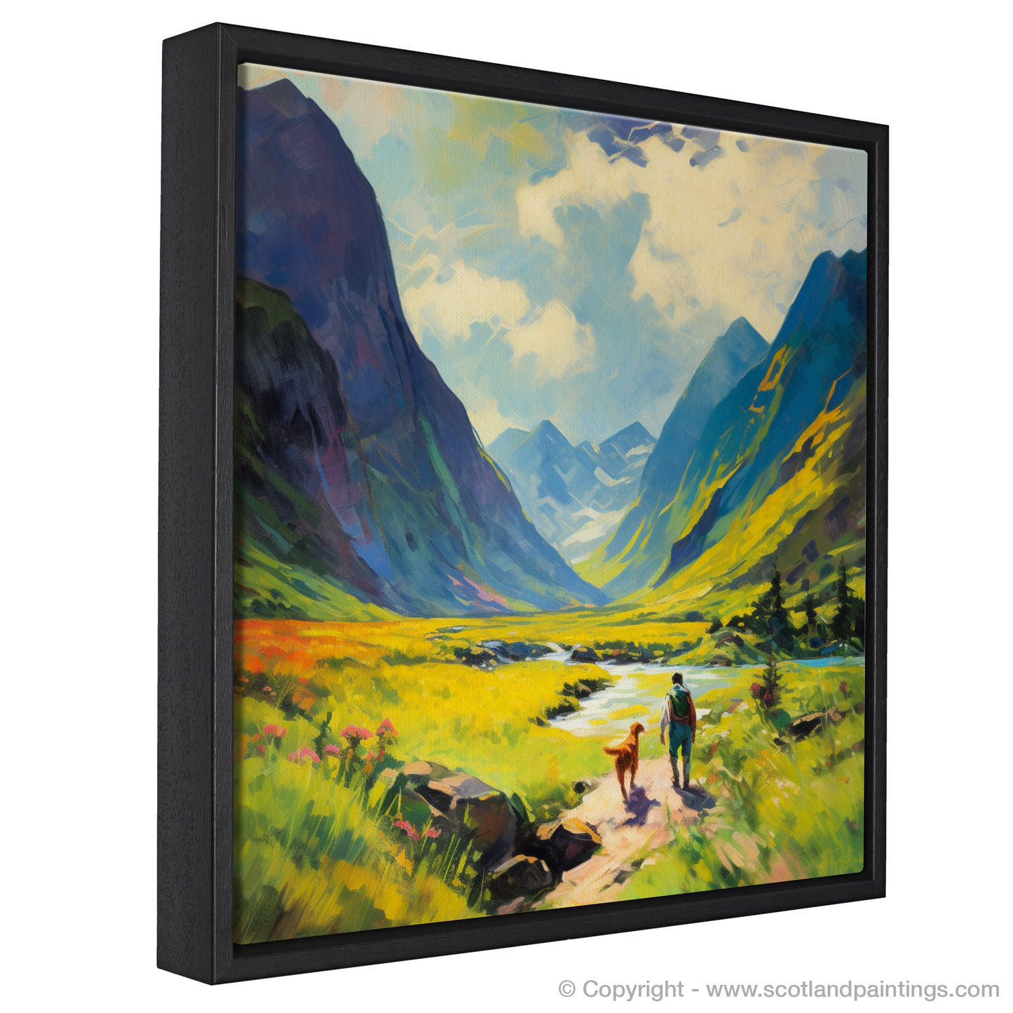 Painting and Art Print of Dog walker in Glencoe during summer. Summer Splendour in Glencoe with Man's Best Friend.