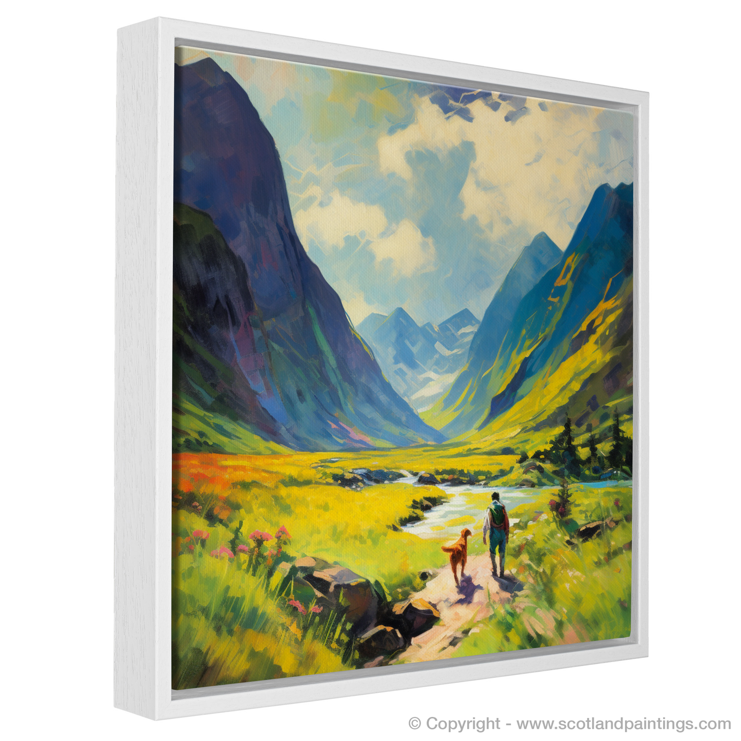Painting and Art Print of Dog walker in Glencoe during summer. Summer Splendour in Glencoe with Man's Best Friend.
