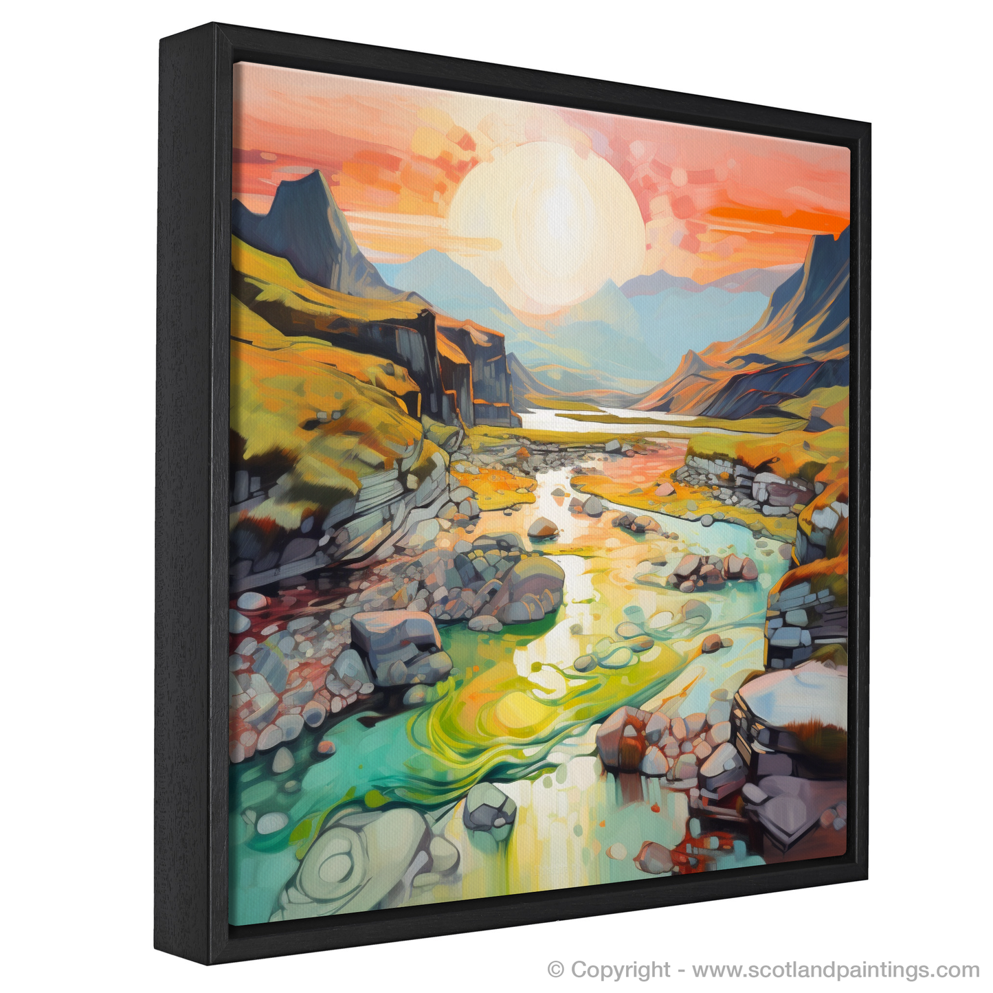 Painting and Art Print of Isle of Skye Fairy Pools at golden hour in summer entitled "Golden Hour at Skye Fairy Pools".