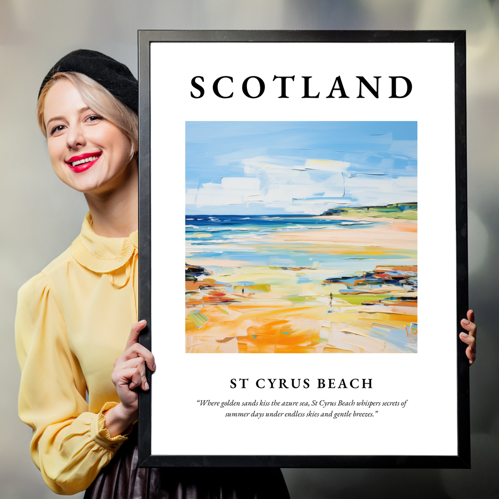 Person holding a poster of St Cyrus Beach