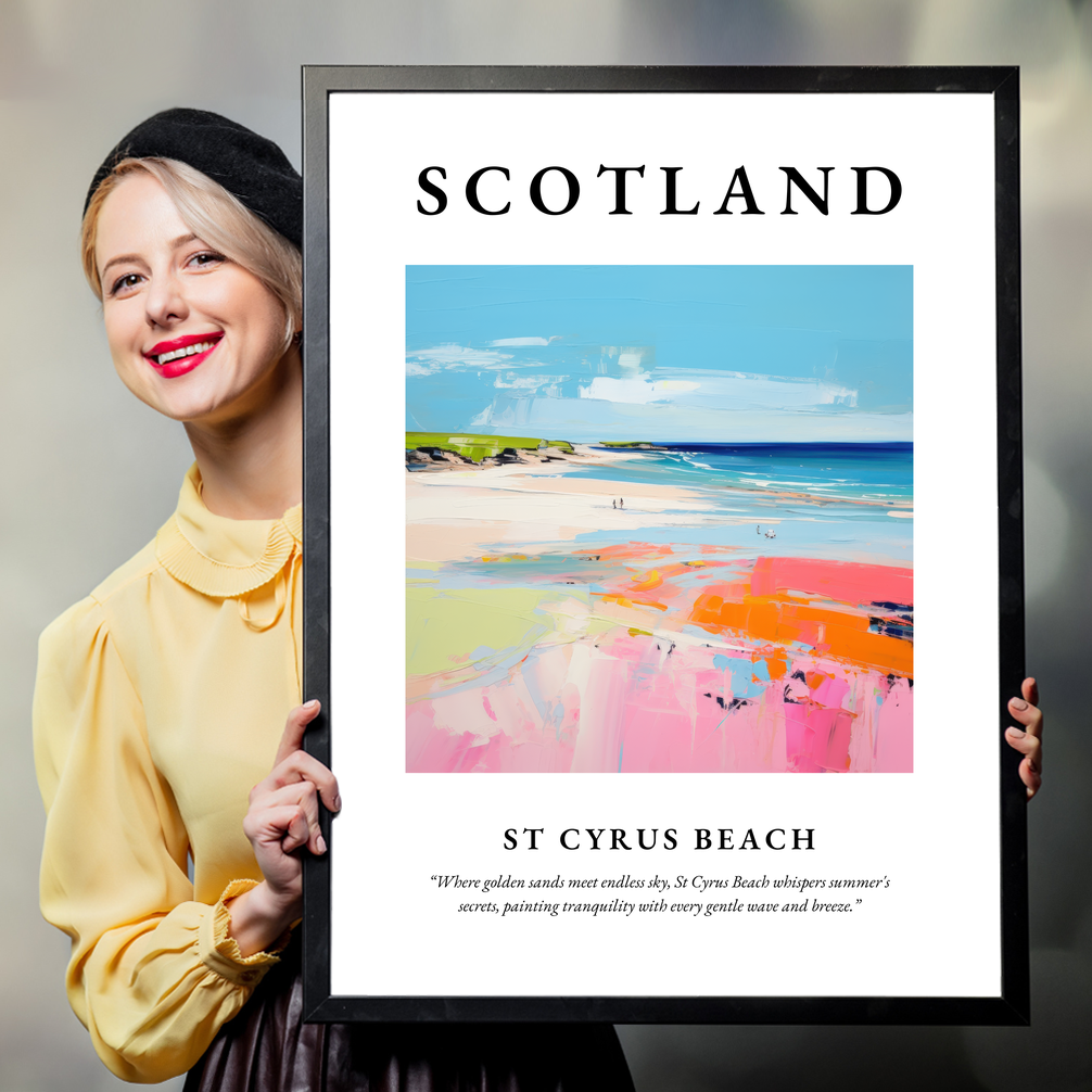 Person holding a poster of St Cyrus Beach