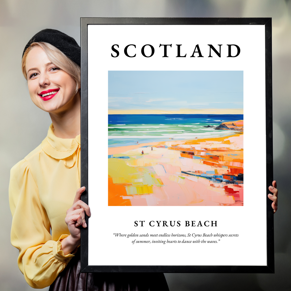 Person holding a poster of St Cyrus Beach
