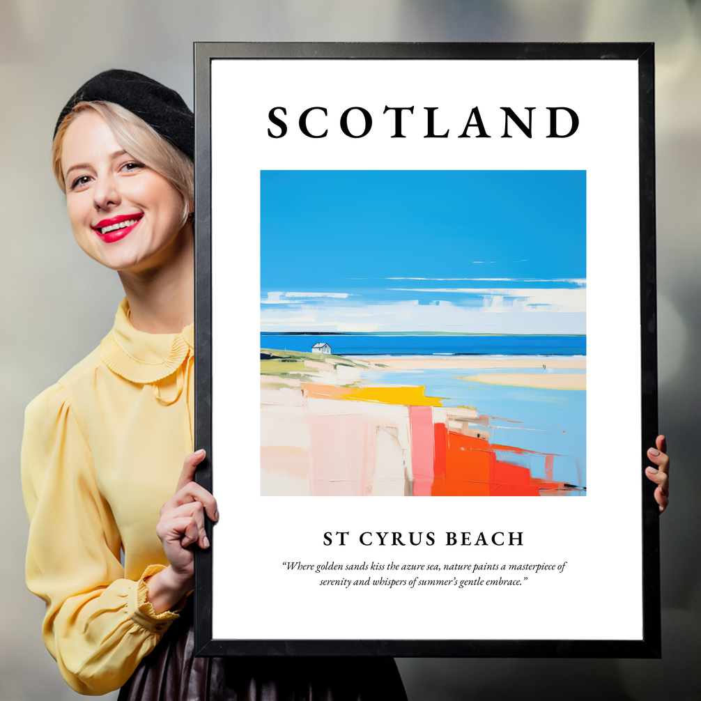 Person holding a poster of St Cyrus Beach