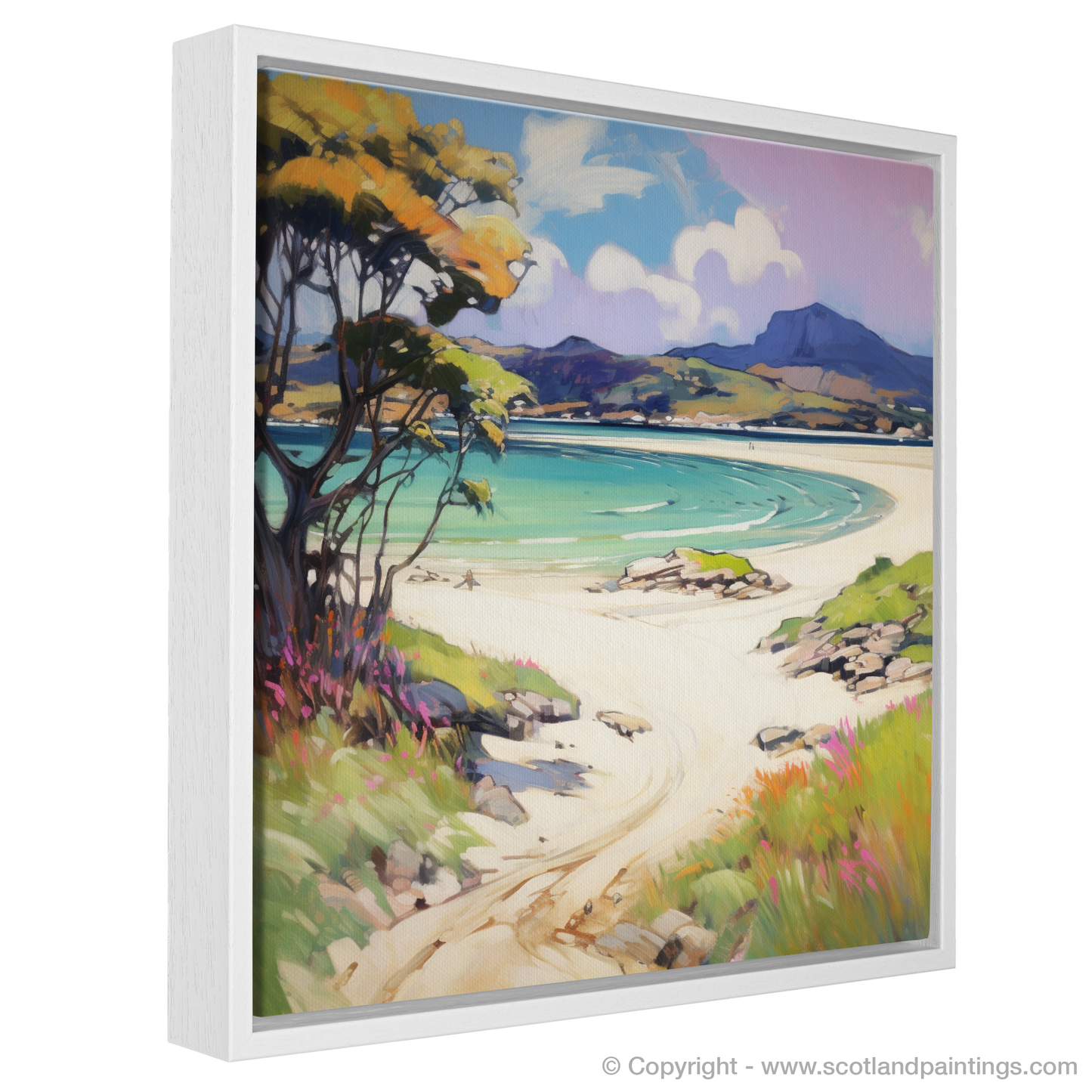 Painting and Art Print of Silver Sands of Morar in summer entitled "Vivid Sands of Morar: A Fauvist Ode to Scottish Summers".