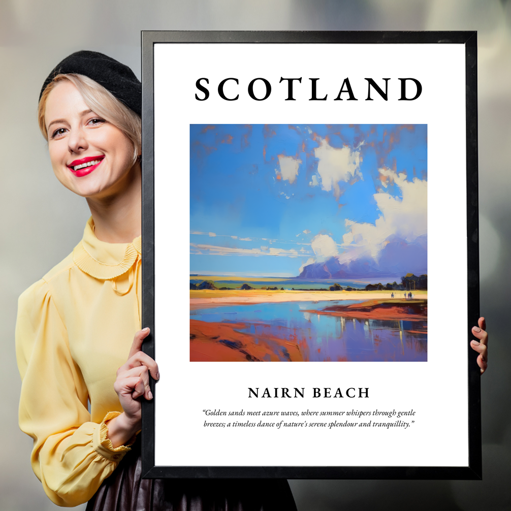 Person holding a poster of Nairn Beach