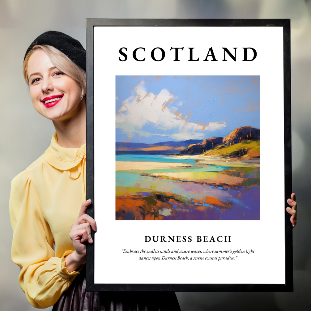 Person holding a poster of Durness Beach