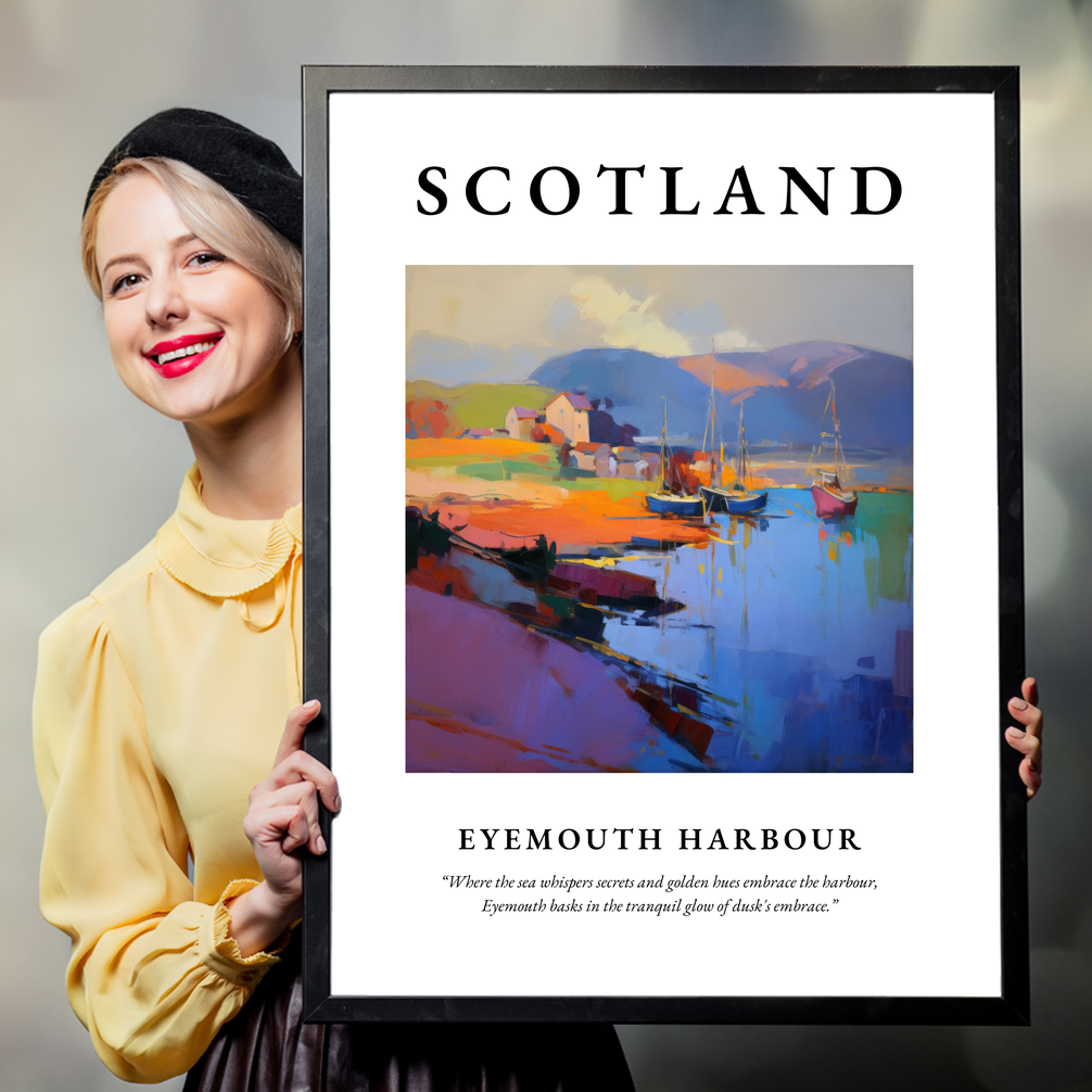 Person holding a poster of Eyemouth Harbour