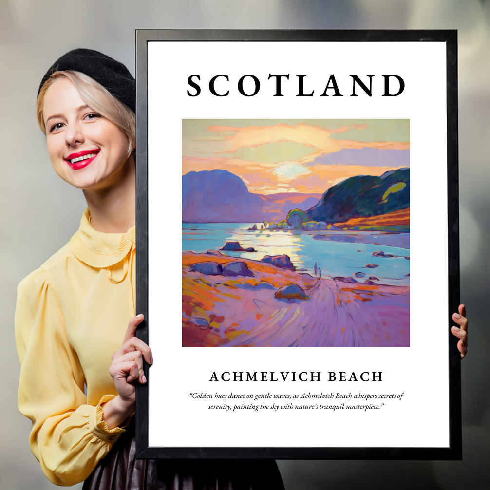 Person holding a poster of Achmelvich Beach