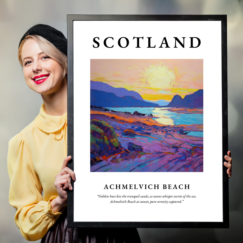 Person holding a poster of Achmelvich Beach