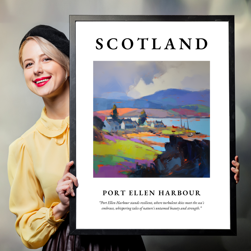 Person holding a poster of Port Ellen Harbour