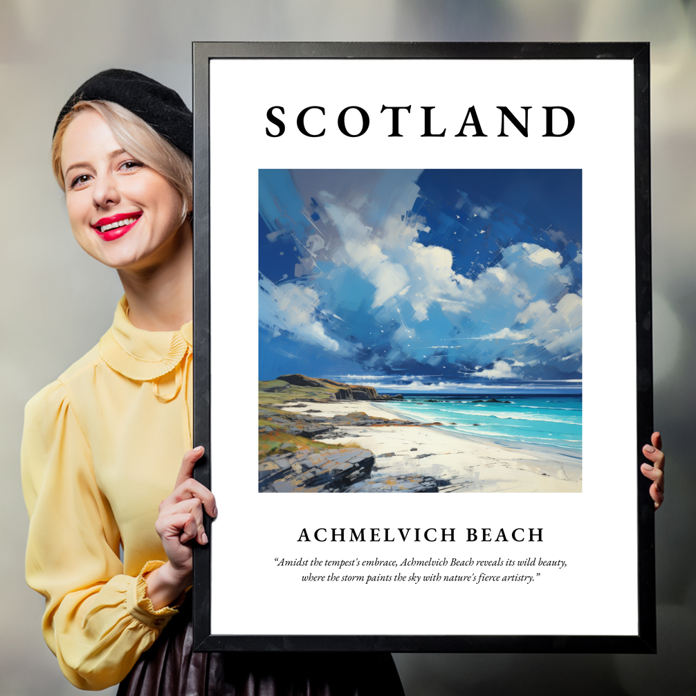 Person holding a poster of Achmelvich Beach