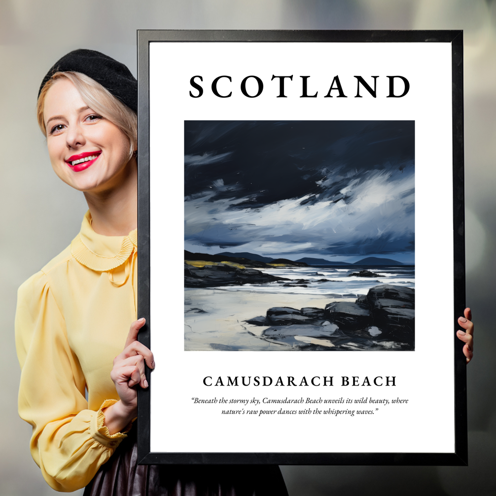 Person holding a poster of Camusdarach Beach