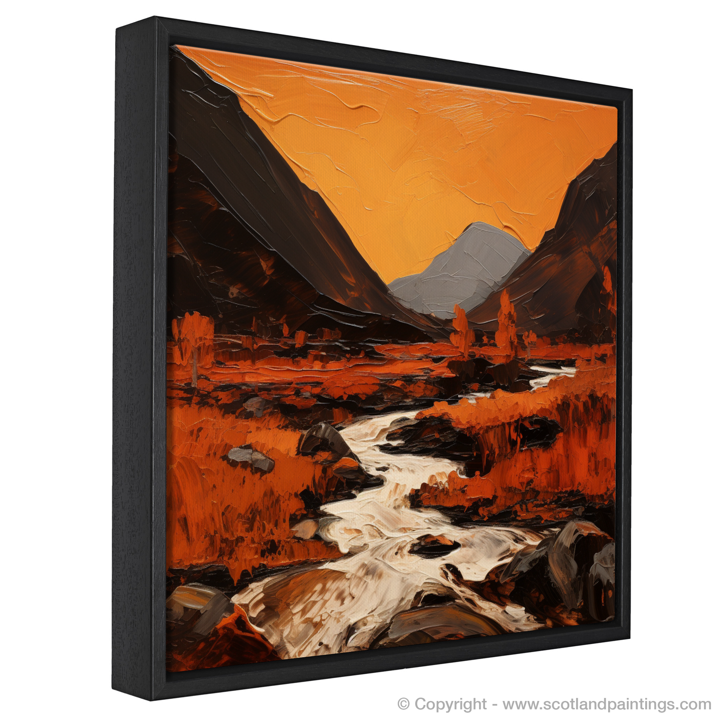 Painting and Art Print of Autumn hues in Glencoe entitled "Autumn Drama in Glencoe: An Expressionist Journey Through the Highlands".