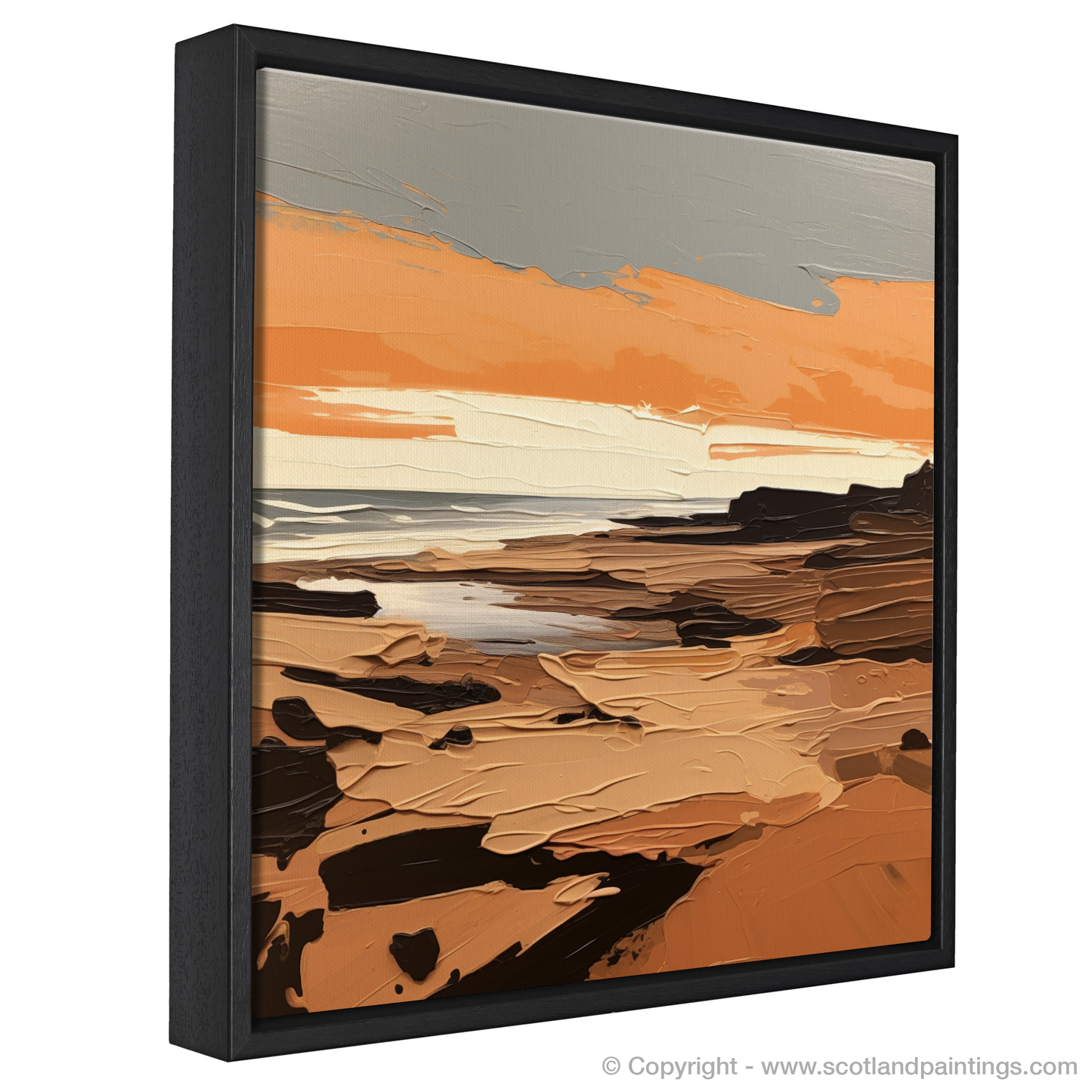 Painting and Art Print of Balmedie Beach at golden hour entitled "Golden Hour Embrace at Balmedie Beach".