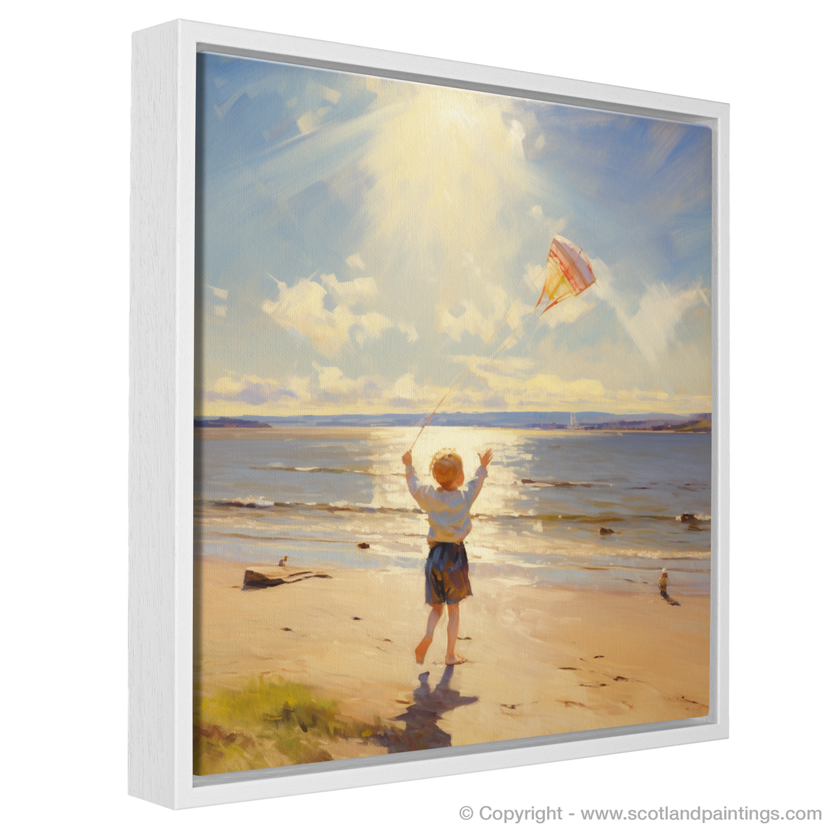 Painting and Art Print of A young boy flying a kite on the expansive s ...