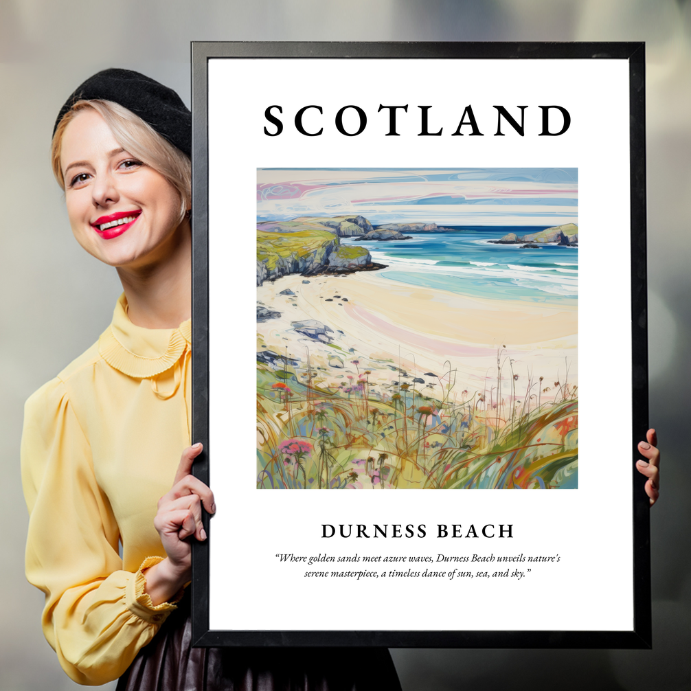 Person holding a poster of Durness Beach