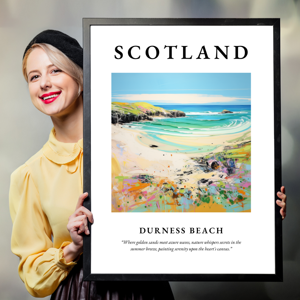 Person holding a poster of Durness Beach