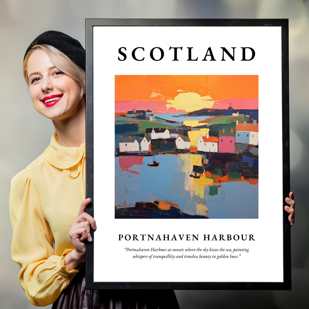 Person holding a poster of Portnahaven Harbour