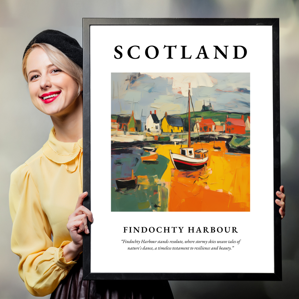 Person holding a poster of Findochty Harbour