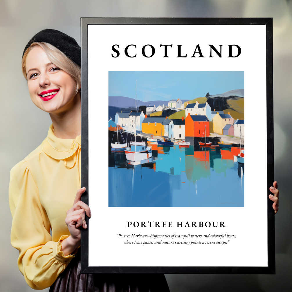 Person holding a poster of Portree Harbour