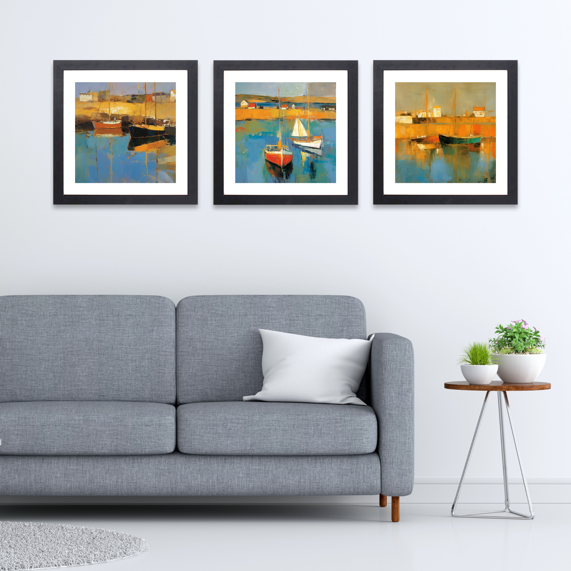 Black frame variant of Port Ellen Harbour at golden hour