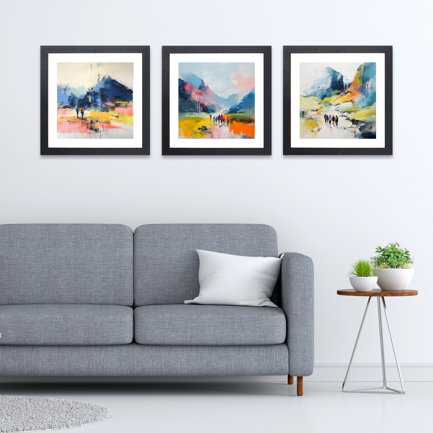 Black frame variant of Group of hikers at trail start in Glencoe